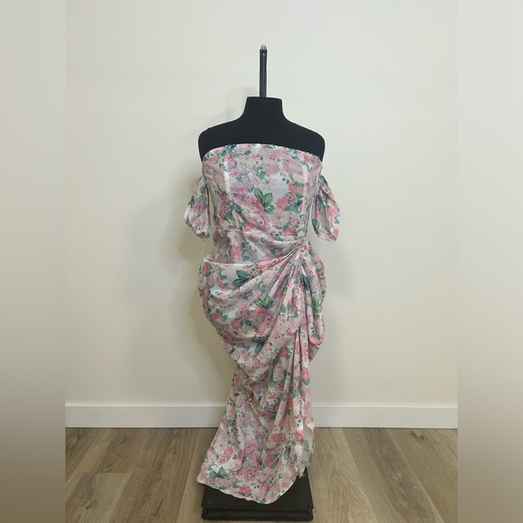 ◾️Pretty Little Thing Nude Floral Bardot Draped Skirt MIDI Dress - Picture 6 of 10